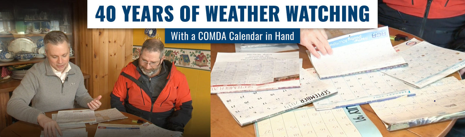 40 Years of Weather Watching — With a COMDA Calendar in Hand. On the left, CTV News Atlantic is interviewing Leon Levy. On the right is a pile of calendars that Leon has been using for years.