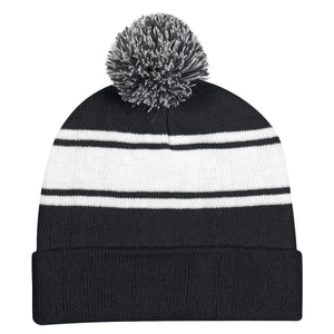Two-Tone Knit Pom Beanie With Cuff - Black