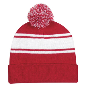 Two-Tone Knit Pom Beanie With Cuff - Red