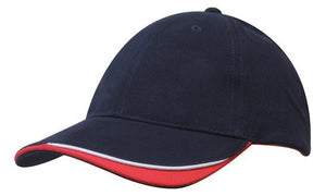6 Panel HBC Cap with Peak Indent & Sandwich - Custom Embroidered - Navy With White And Red