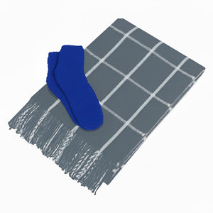 Charleston Throw & Fuzzy Socks Set - Charcoal With White/Royal Blue