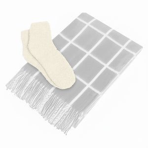 Charleston Throw & Fuzzy Socks Set - Gray With White/Ivory
