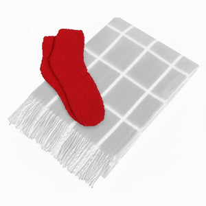 Charleston Throw & Fuzzy Socks Set - Gray With White/Red
