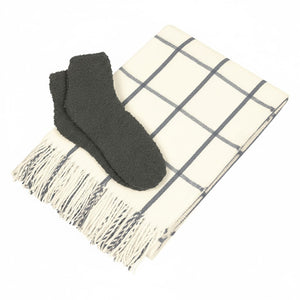 Charleston Throw & Fuzzy Socks Set - White With Gray/Gray