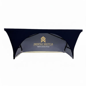 6’ Sublimated Table Cloth, Stretch Curved Fit, 3 Sided, Open Back