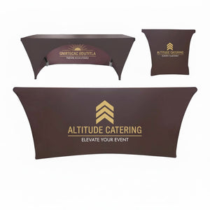 6’ Sublimated Table Cloth, Stretch Curved Fit, 3 Sided, Open Back