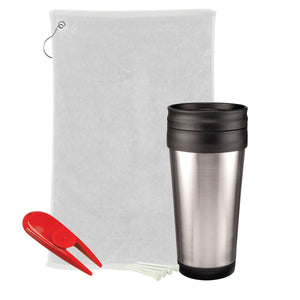 Golf Gift Set - Stainless Steel Tumbler - White Towel And Red Divot Tool