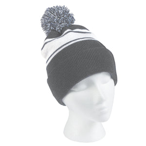 Two-Tone Knit Pom Beanie With Cuff - Gray