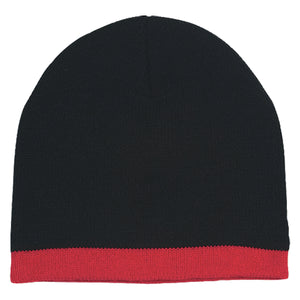 Knit Beanie With Stripe - Black With Red