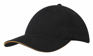 6 Panel Brush Heavy Cotton Sandwich Peak Cap - Custom Embroidered - HP_4210 - Black with Gold