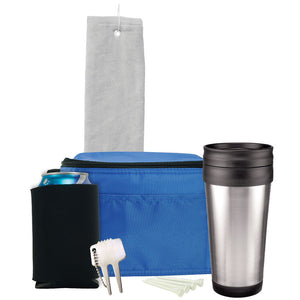 Deluxe Golf Gift Set - White Towel, Royal Bag, Black Can Cooler