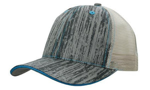 6 Panel Woodprint Poly Twill Mesh Cap - Custom Embroidered - Stone/charcoal/cyan