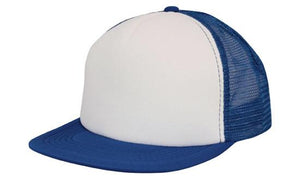 5 Panel Mesh Back Cap with Flat Peak - Custom Embroidered - White With Royal