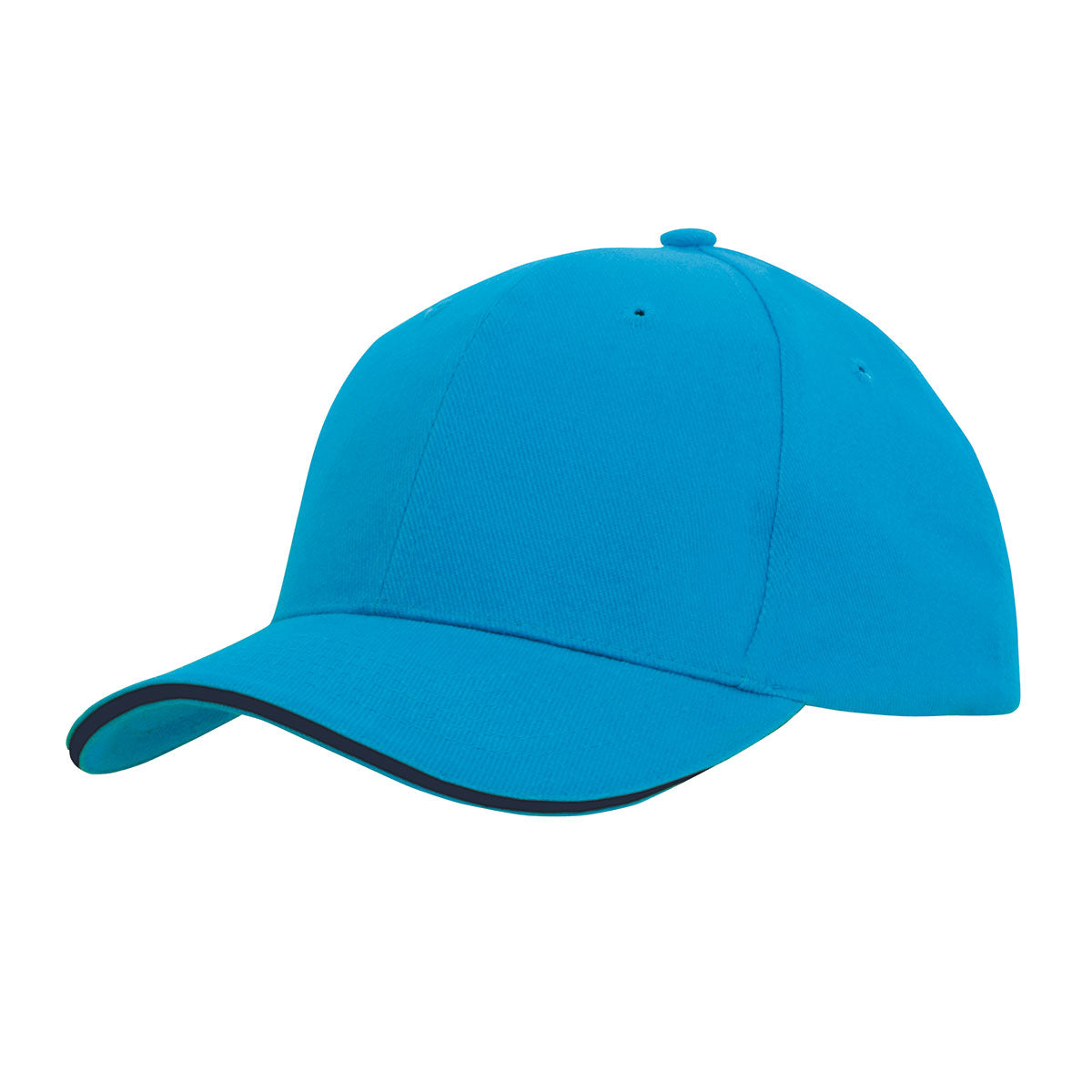 6 Panel Brush Heavy Cotton Sandwich Peak Cap - Custom Embroidered - HP_4210 - Cyan with Navy