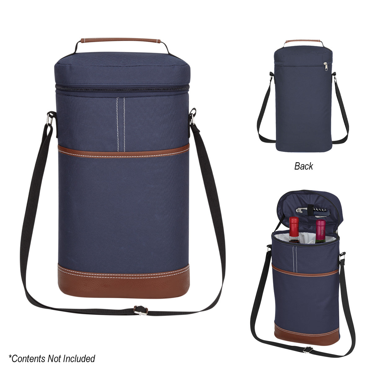 Double Wine Kooler Bag - Navy With Brown
