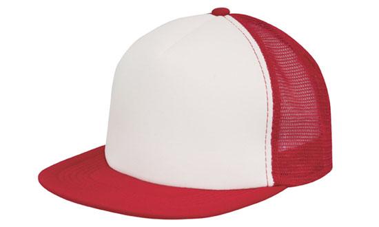 5 Panel Mesh Back Cap with Flat Peak - White With Red