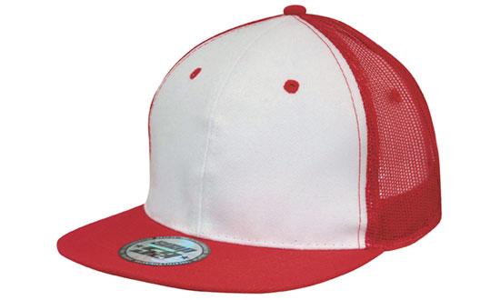 6 Panel Mesh Back Cap with Flat Peak - White With Red