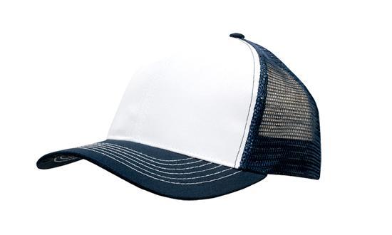 6 Panel Mesh Back Cap Breathable P-Twill - White With Navy
