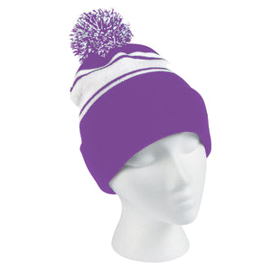 Two-Tone Knit Pom Beanie With Cuff - Purple