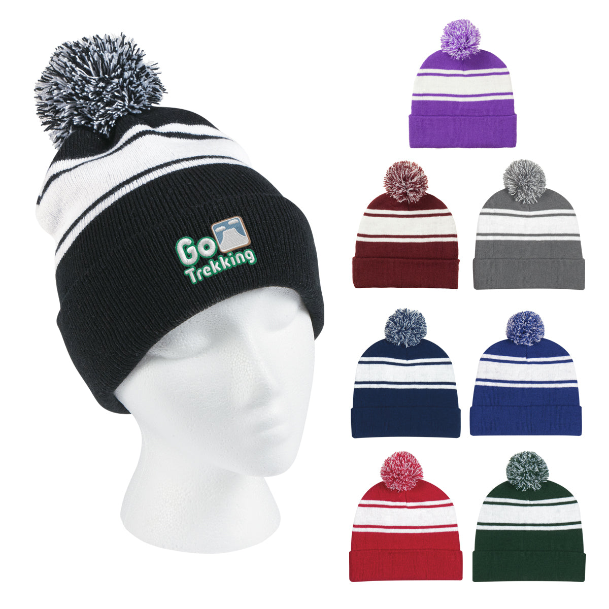 Two-Tone Knit Pom Beanie With Cuff