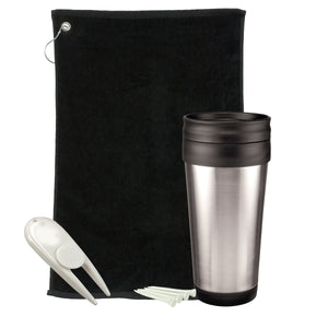 Golf Gift Set - Stainless Steel Tumbler - Black Towel And White Divot Tool