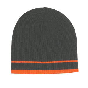 Knit Beanie With Double Stripe - Gray With Orange