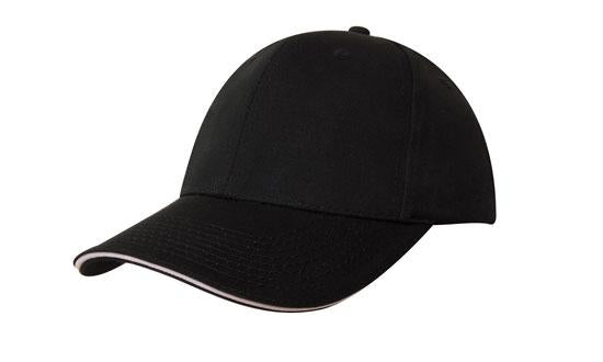 6 Panel Chino Twill Cap with Sandwich - Black With White