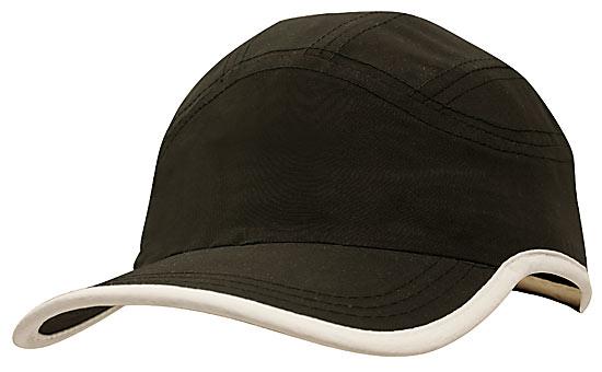 6 Panel Microfiber Sports Cap - Black With White