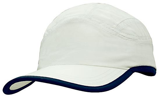 6 Panel Microfiber Sports Cap - White With Navy