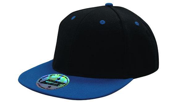 6 Panel Two Tone Flat Peak Cap - Black With Royal