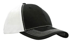 6 Panel Chino Twill Cap with Hi-Tech Mesh - White With Black