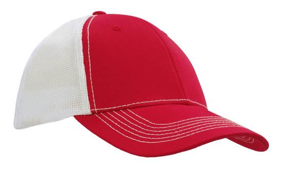 6 Panel Chino Twill Cap with Hi-Tech Mesh - White With Red