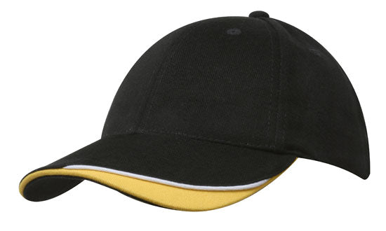 6 Panel HBC Cap with Peak Indent & Sandwich - Custom Embroidered - Navy With White And Gold