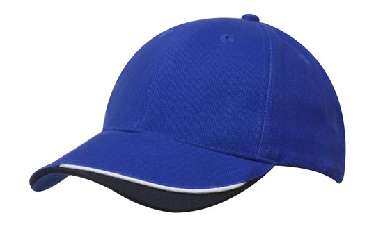 6 Panel HBC Cap with Peak Indent & Sandwich - Custom Embroidered - Royal With White And Navy