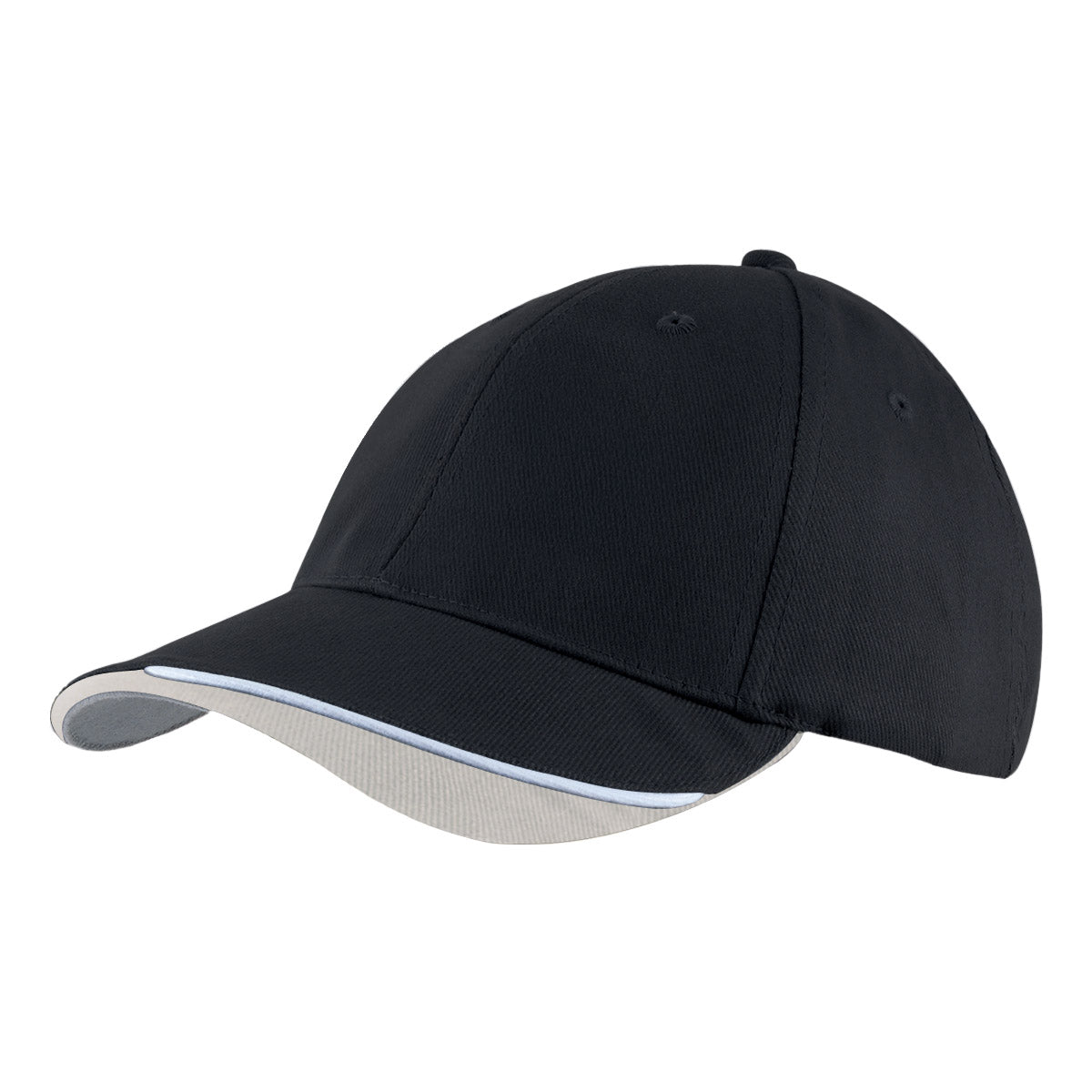 6 Panel HBC Cap with Peak Indent & Sandwich - Custom Embroidered - Bl/wh/gry