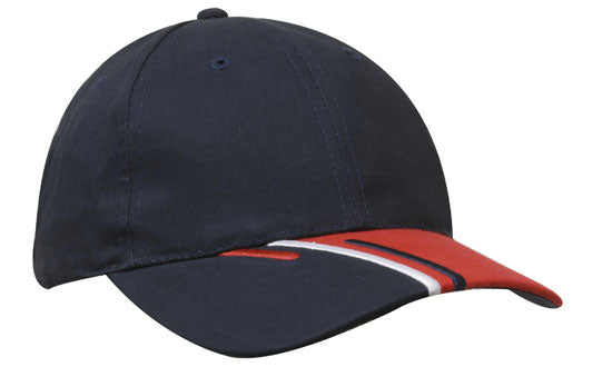 6 Panel Brushed Cotton Cap 3 Colour Peak - Navy With White And Red