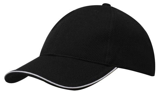 6 Panel Double Pique Mesh Cap with Sandwich - Black With White