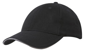6 Panel Brush Heavy Cotton Sandwich Peak Cap - Black With White