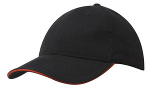 6 Panel Brush Heavy Cotton Sandwich Peak Cap - Black With Orange