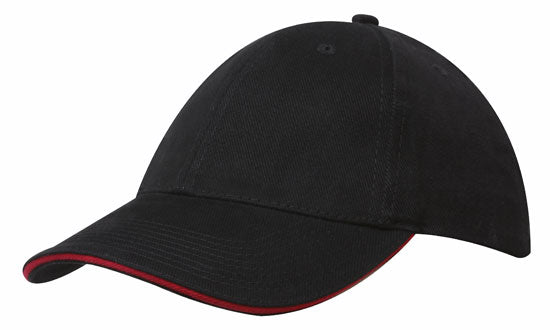 6 Panel Brush Heavy Cotton Sandwich Peak Cap - Black With Red
