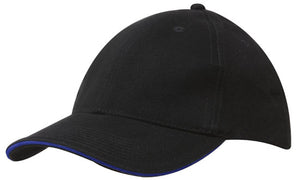 6 Panel Brush Heavy Cotton Sandwich Peak Cap - Black With Royal