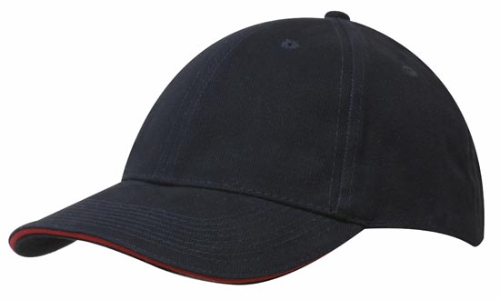6 Panel Brush Heavy Cotton Sandwich Peak Cap - Navy With Red