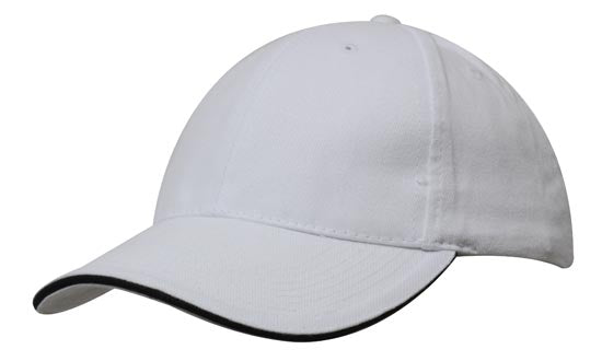 6 Panel Brush Heavy Cotton Sandwich Peak Cap - White With Black