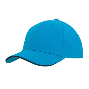 6 Panel Brush Heavy Cotton Sandwich Peak Cap - Cyan With Navy