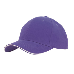 6 Panel Brush Heavy Cotton Sandwich Peak Cap - Purple With White