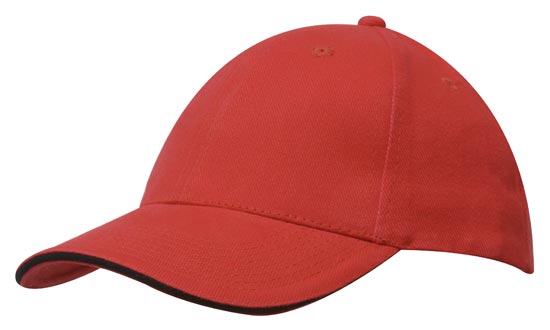 6 Panel Brush Heavy Cotton Sandwich Peak Cap - Red With Black