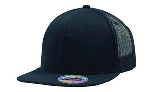 6 Panel Mesh Back Cap with Flat Peak - Custom Embroidered - HP_3816 - Black