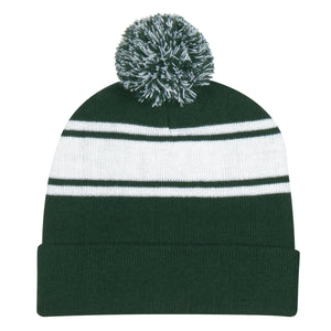 Two-Tone Knit Pom Beanie With Cuff - Forest Green