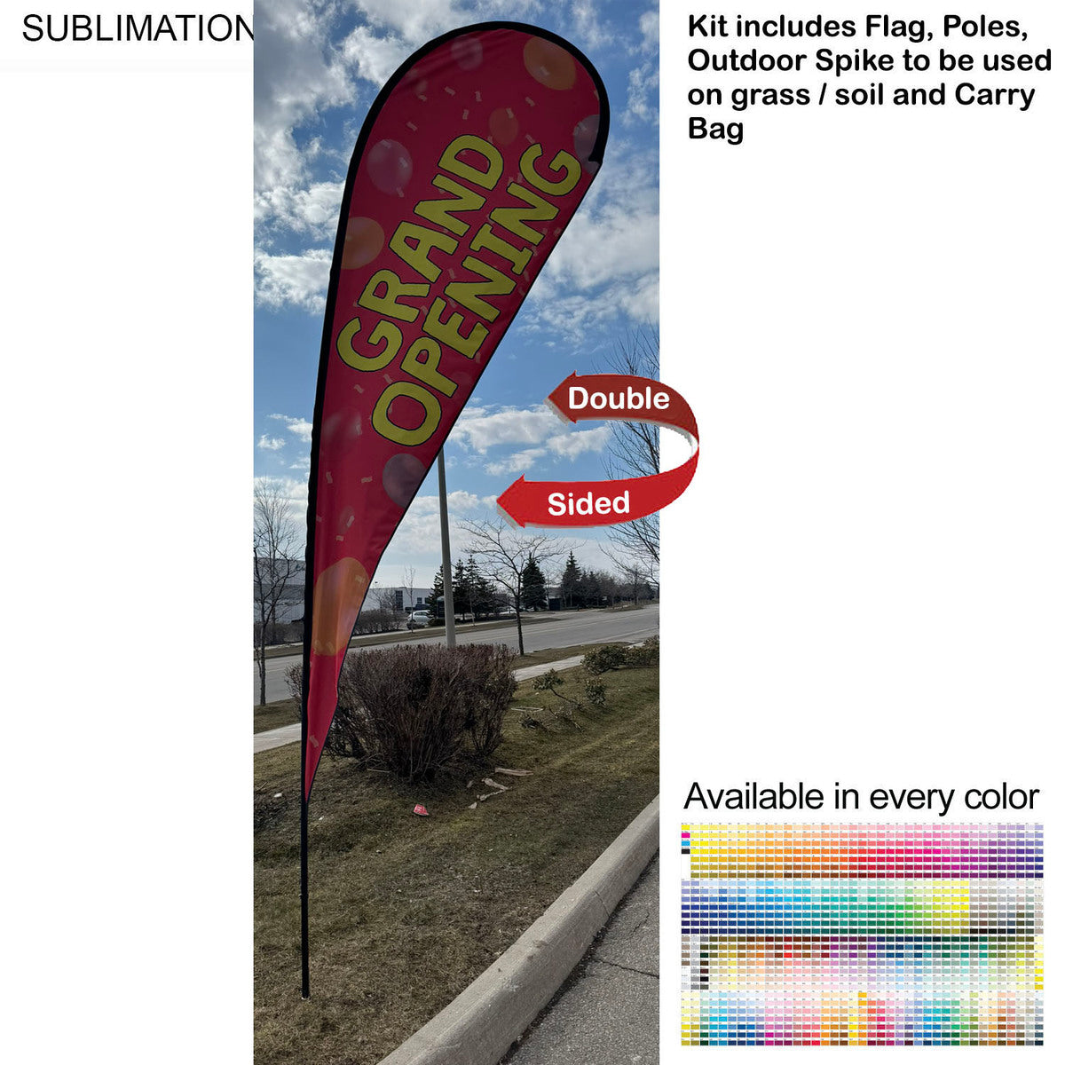 16' X-Large Tear Drop Flag Kit, Full Color Graphics, Outdoor Spike base and Bag Included - White