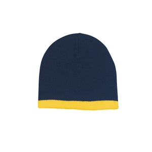 Knit Beanie With Stripe - Navy With Gold